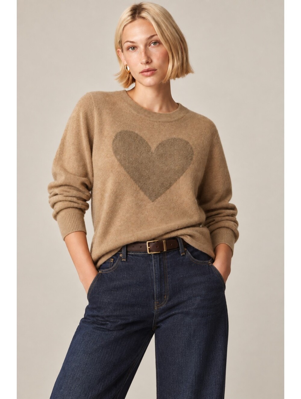 J. Crew Cashmere Heart Sweater Camel Quiet Luxury Size 2X